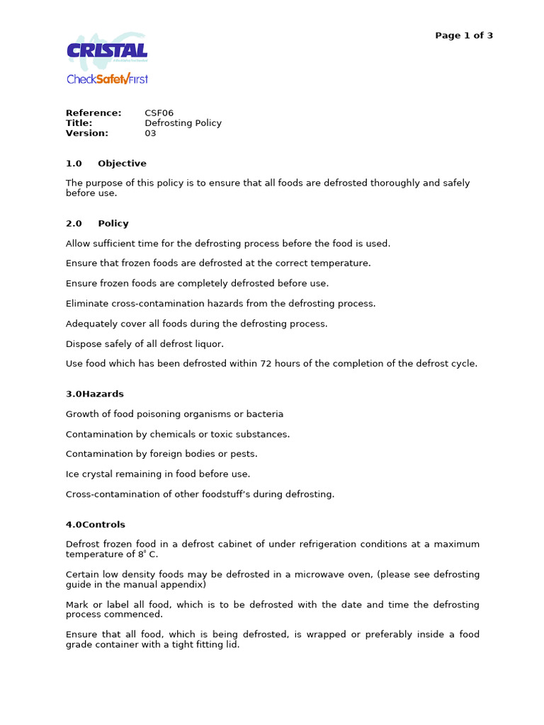 CSF06 Defrosting Policy | PDF | Refrigerator | Hazards