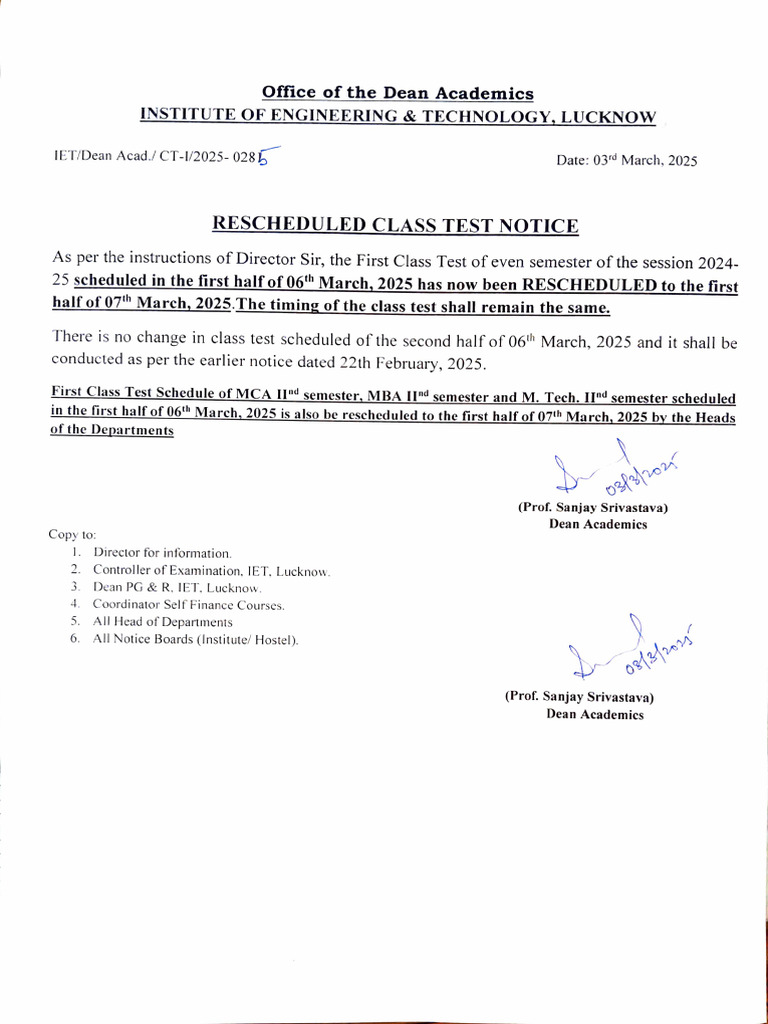Rescheduled Class Test Notice 2024-25 | PDF