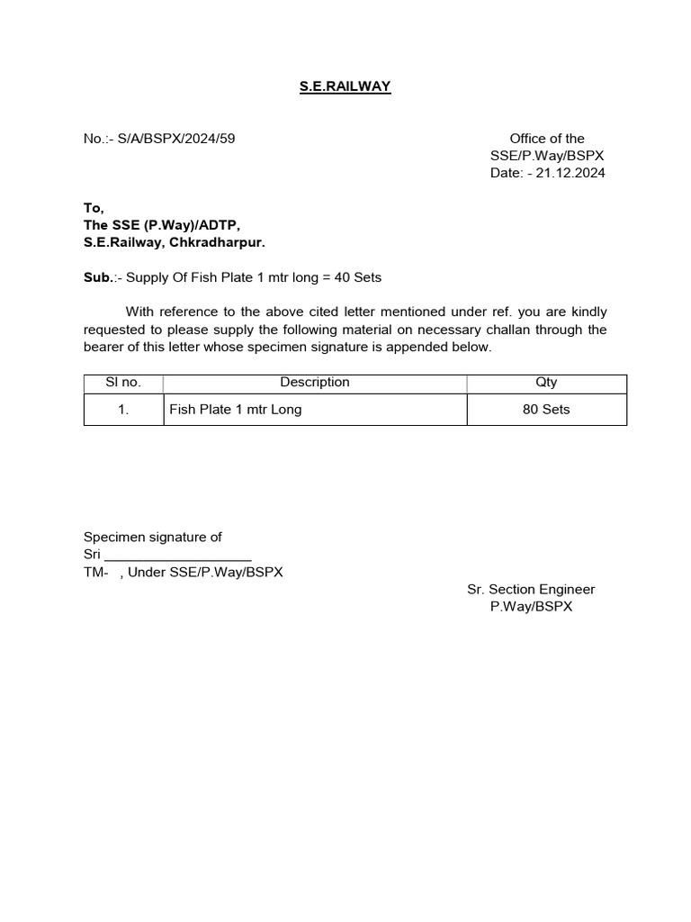 ADTP Stock Request for Fish Plates | PDF