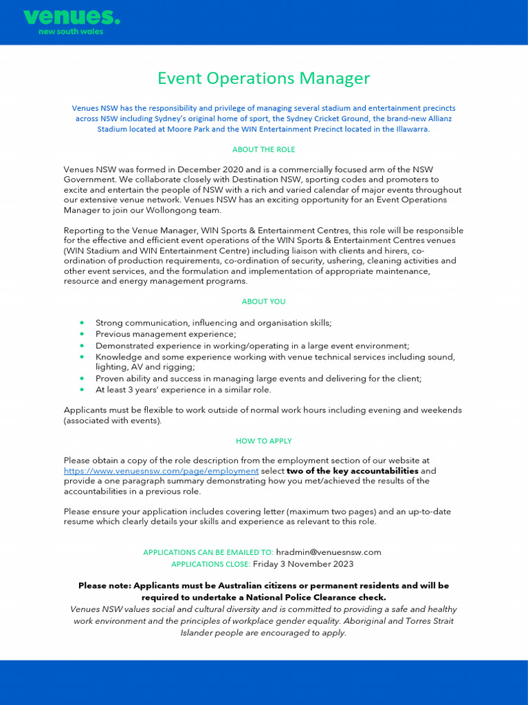 Role Description Event Operations Manager | PDF | Policy | Goal