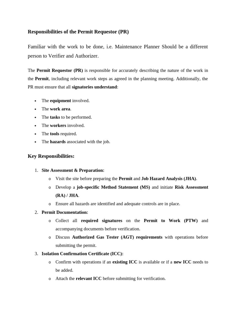 Permit Requestor Responsibilities | PDF | Safety | Occupational Safety ...