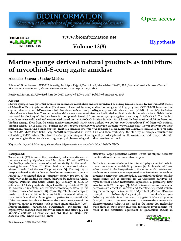 Marine Sponge Compounds Against TB Enzyme | PDF | Docking (Molecular ...