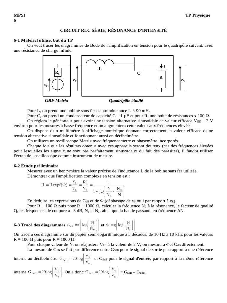 Circuit RLC Série : Résonance et Bode | PDF | Inducteur | Amplificateur ...