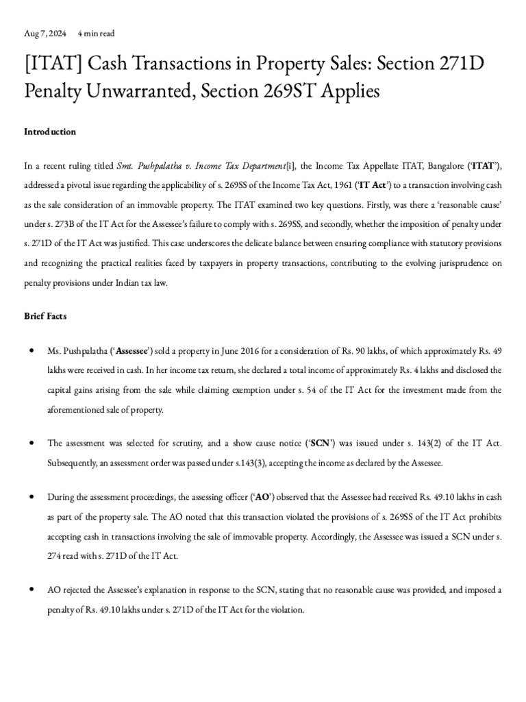 ITAT Ruling on Cash Property Sales Penalty | PDF | Taxes | Statutory ...