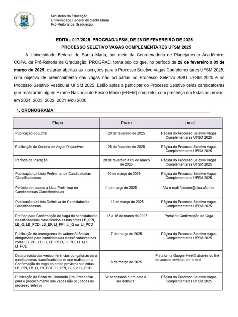 Processo Seletivo Vagas Complementares UFSM 2025 | PDF