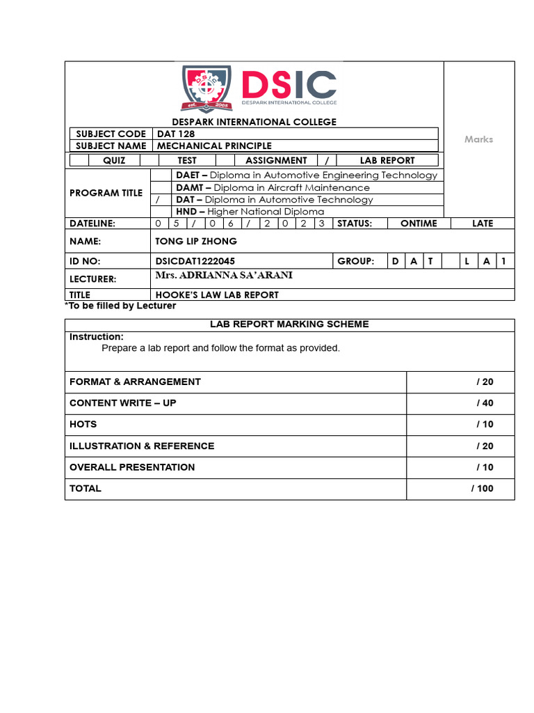 Lab Report - Dat 128 - Tong Lip Zhong | PDF | Classical Mechanics ...