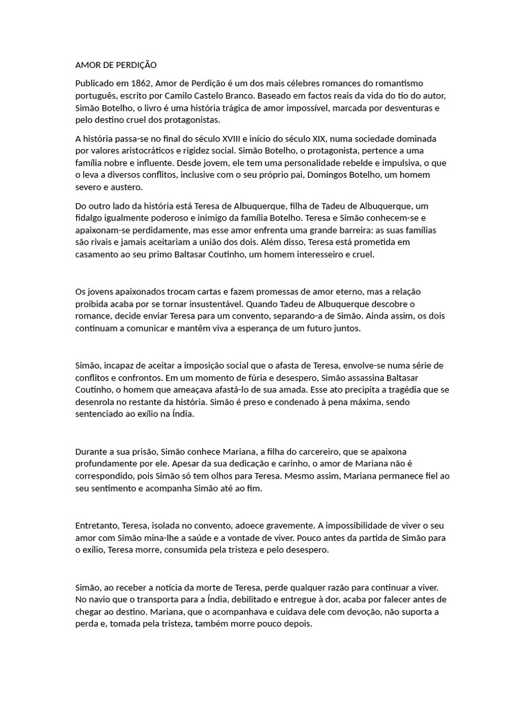 Amor de Perdição: Tragédia e Amor Proibido | PDF