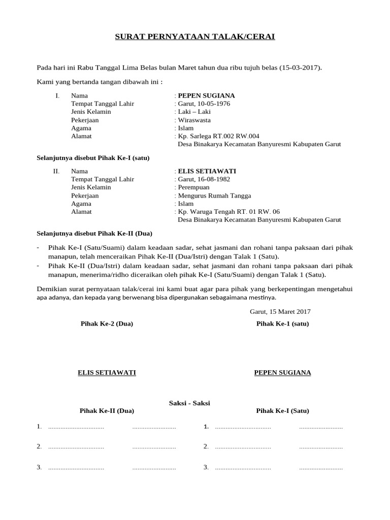 Contoh Surat Pernyataan Talak Cerai | PDF