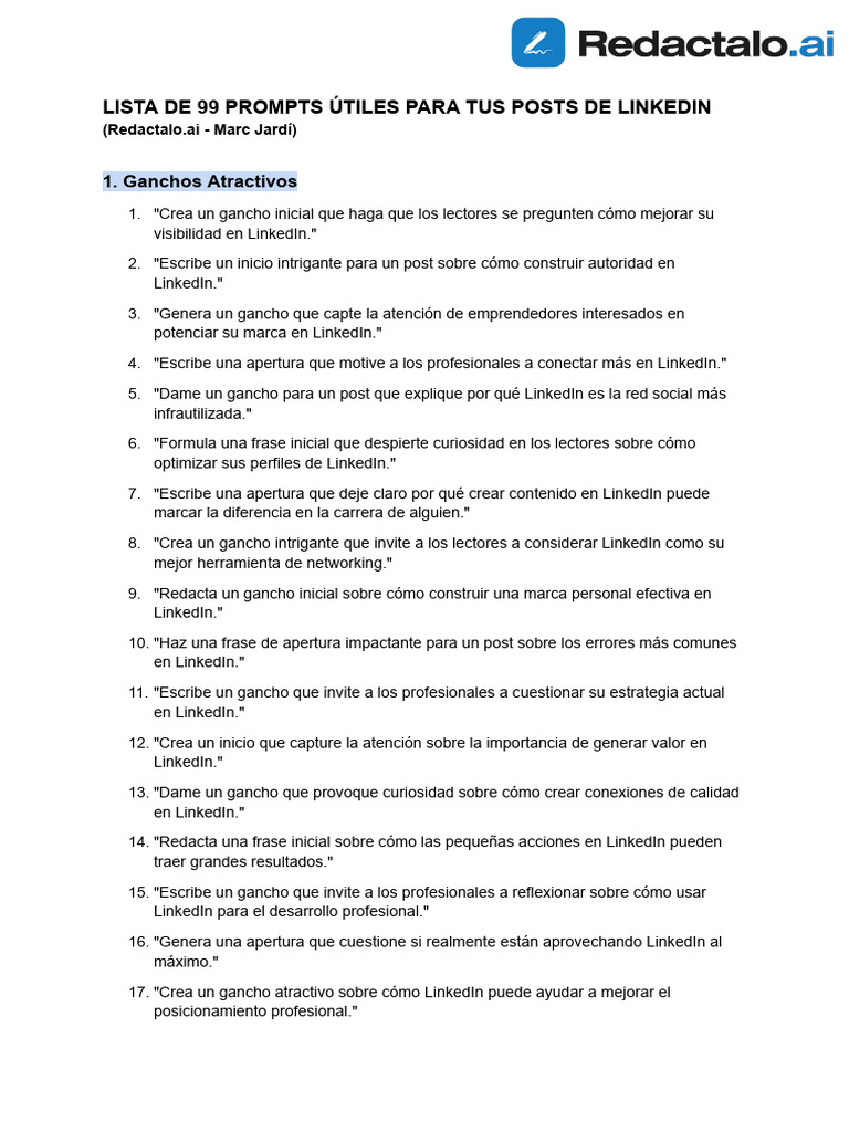 99 Prompts para Posts en LinkedIn | PDF | Vinculado en | Cuentacuentos