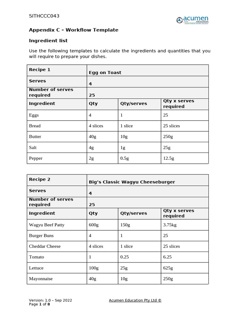 Ingredient Workflow Template for Recipes | PDF | Hamburgers | Grilling
