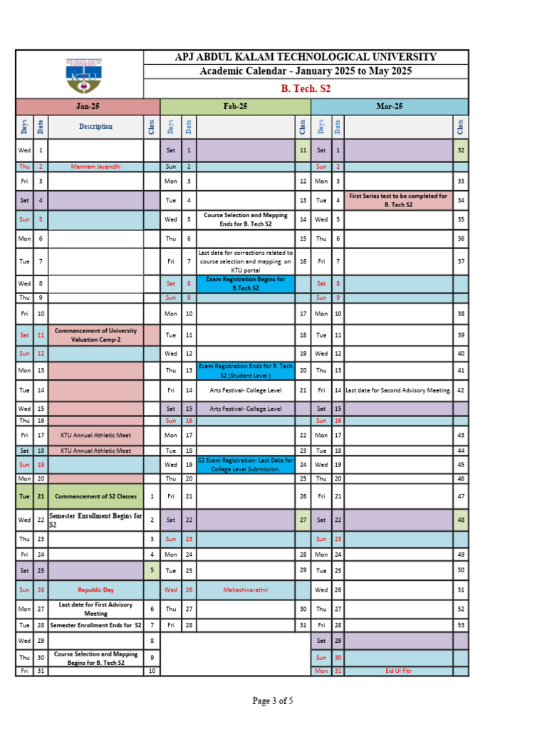 KTU B.Tech S2 Academic Calendar 2025 | PDF | Academic Term | Schools
