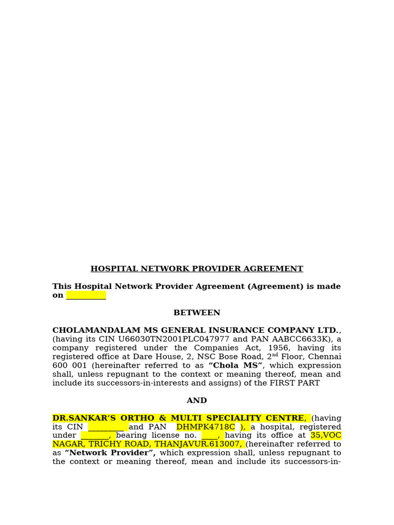 Network Hospital Agreement | PDF | Identity Document | Indemnity