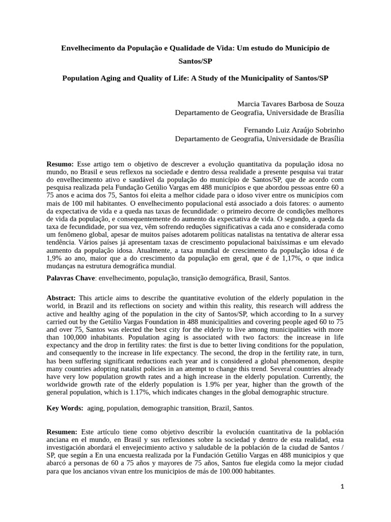 Envelhecimento e Qualidade de Vida em Santos | PDF | Envelhecimento ...