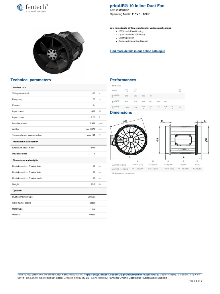 Fantech prioAIR® 10 Inline Duct Fan (OAF-2) | PDF | Mains Electricity ...