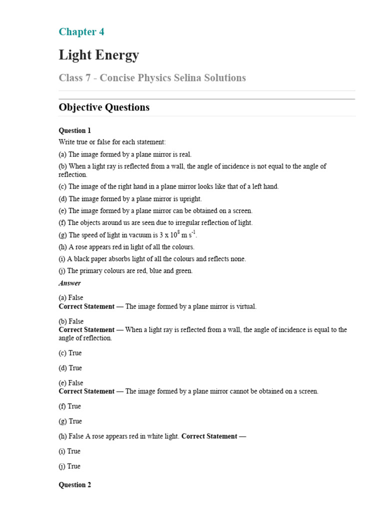 Class 7 Light Energy Solutions | PDF | Reflection (Physics) | Mirror