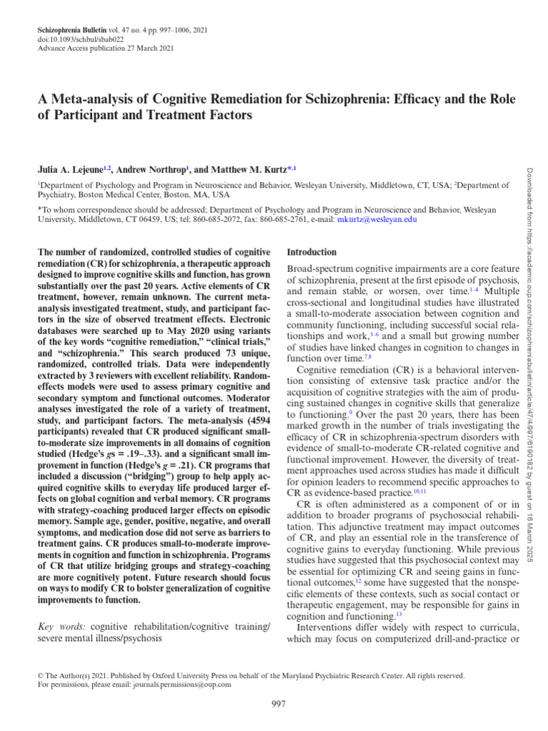 Meta Analysis For Cognitive Remediation | PDF | Effect Size | Meta Analysis