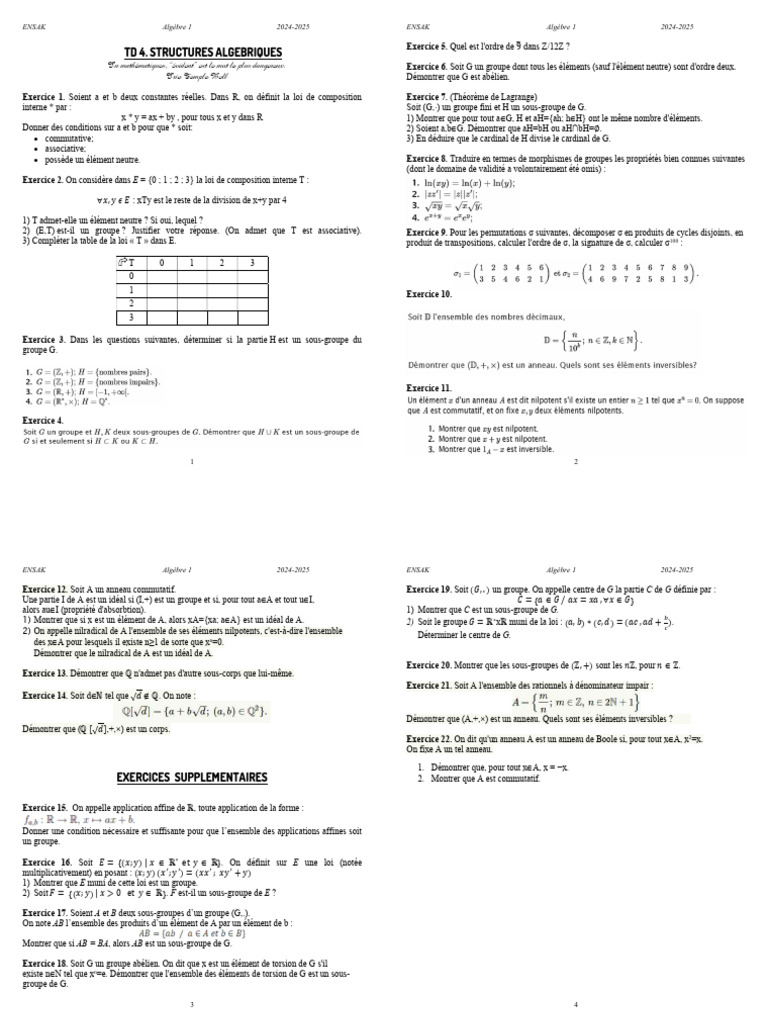 Exercices d'Algèbre 1: Structures et Groupes | PDF | Corps commutatif ...