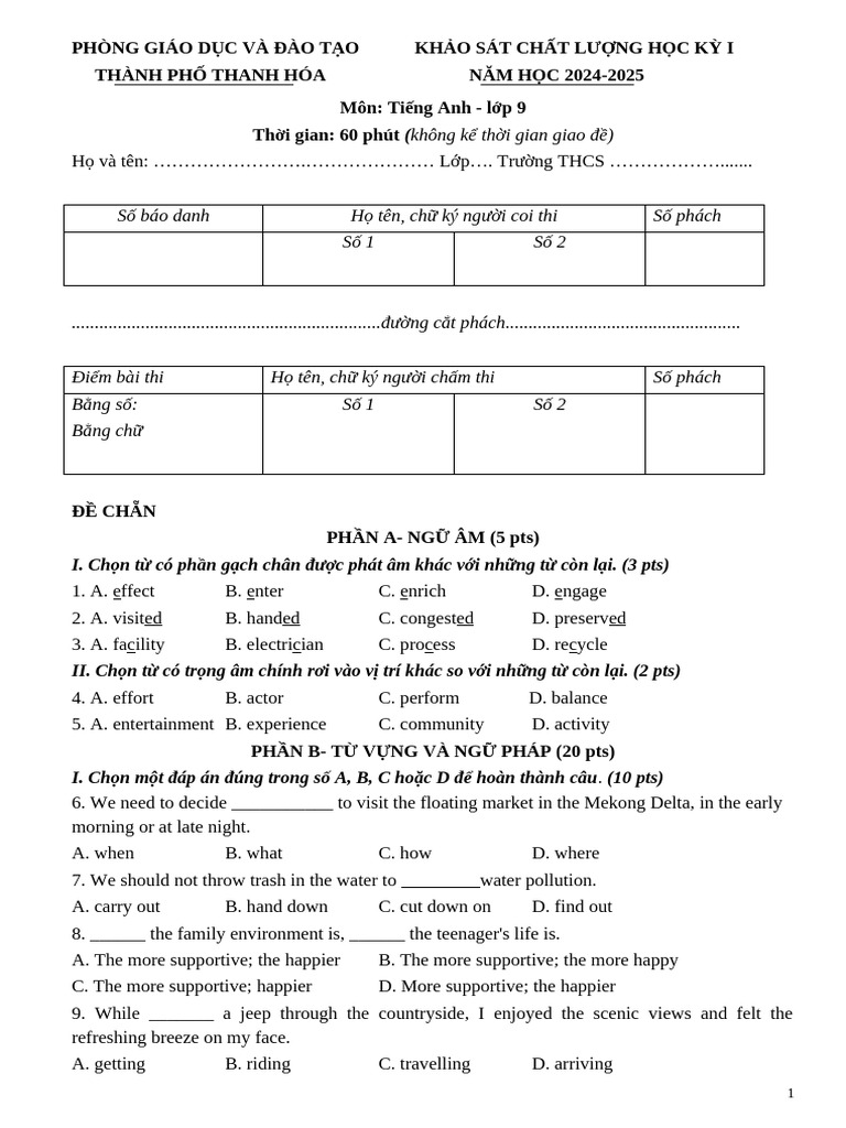 Grade 9 English Exam Paper 2024-2025 | PDF | Caffeine | Vietnam