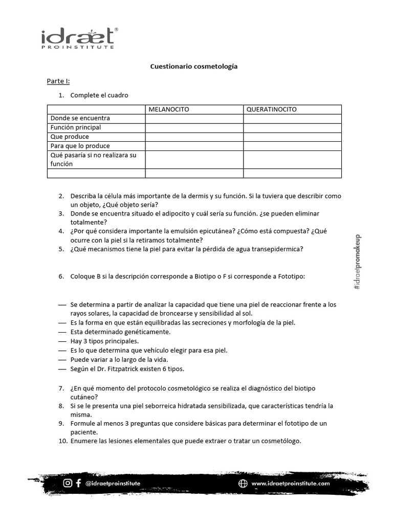 Cuestionario Cosmetología 2024 | PDF | Piel
