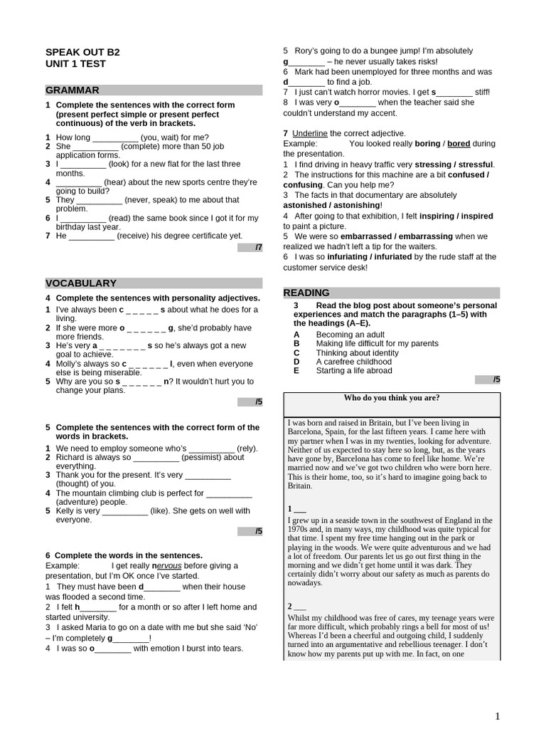 Speak Out B2 Unit 1 Test Overview | PDF