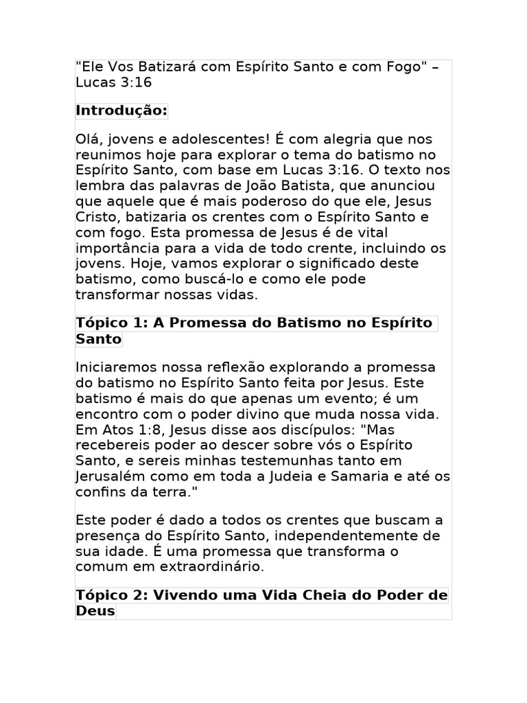Ele Vos Batizará Com Espírito Santo e Com Fogo | PDF | Espírito Santo ...