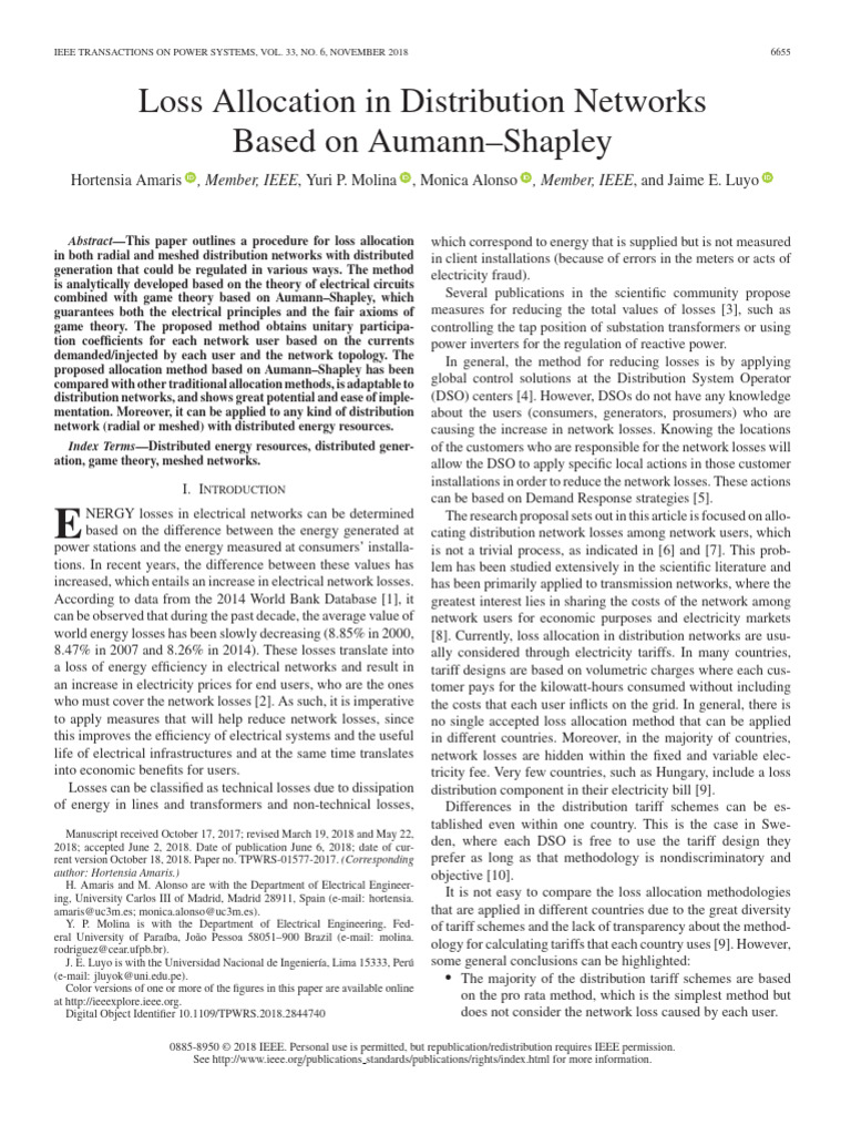 Loss Allocation in Distribution Networks Based On AumannShapley | PDF ...