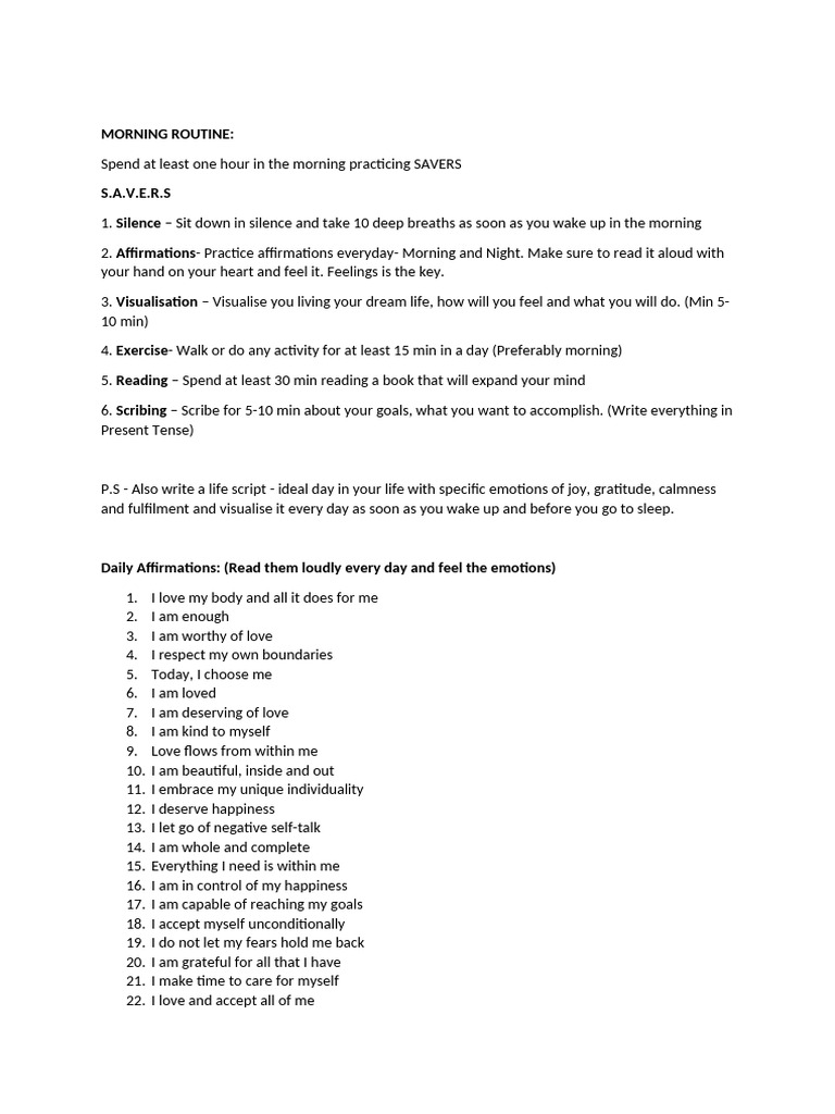Morning Affirmations and SAVERS Routine | PDF