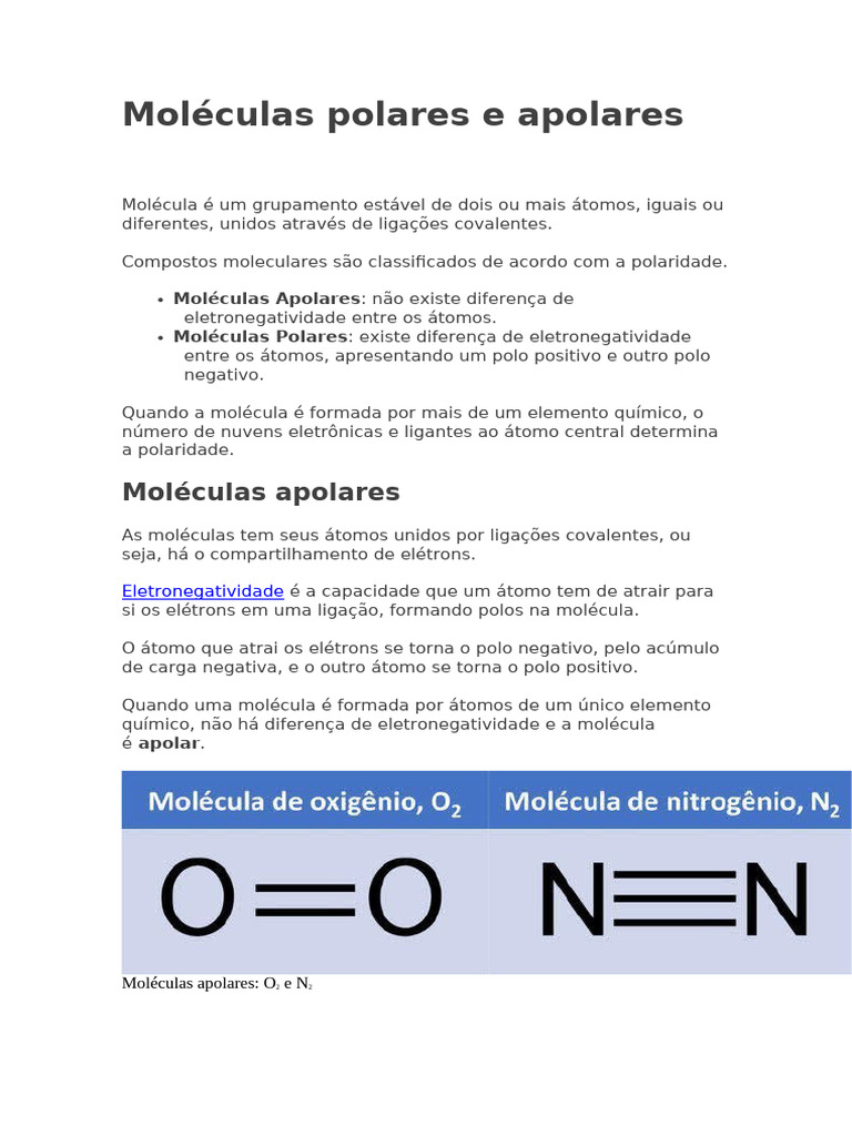 Polaridade das Moléculas: Apolares e Polares | PDF | Polaridade química ...