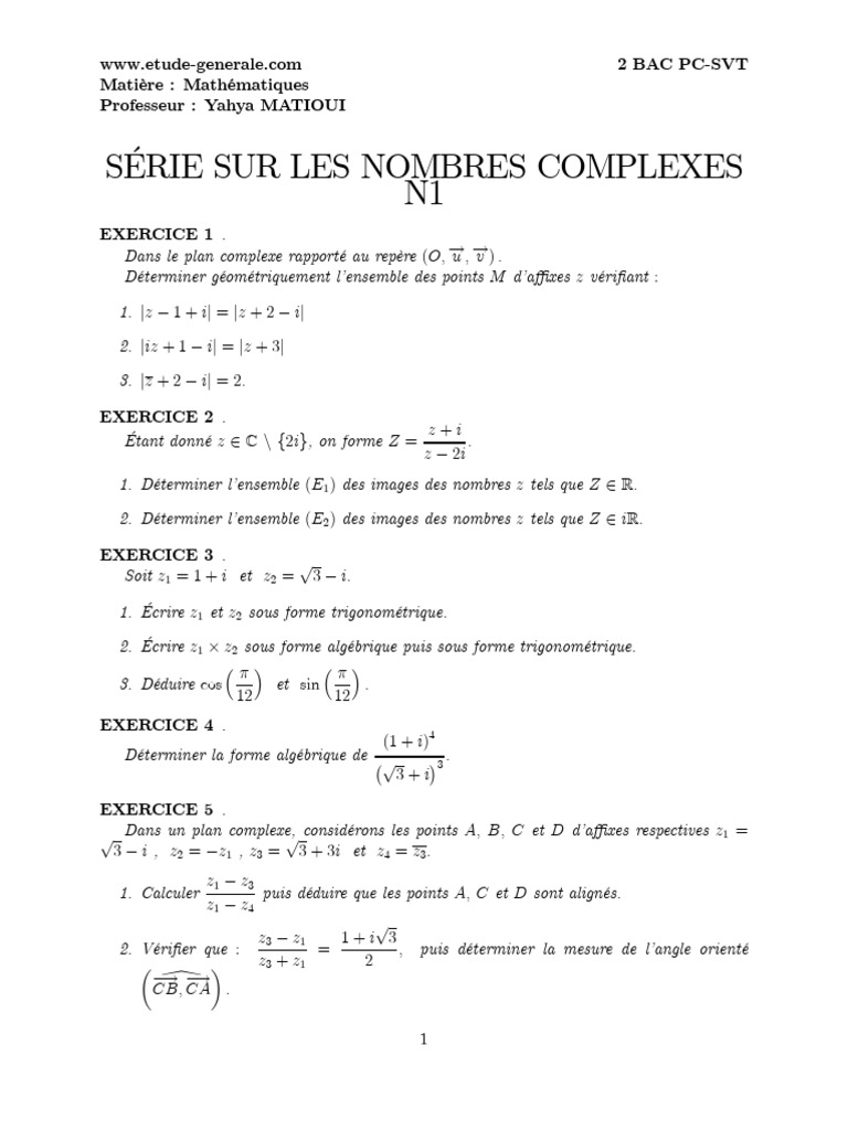 Exercices corrigés sur les nombres complexes | PDF | Nombre complexe ...