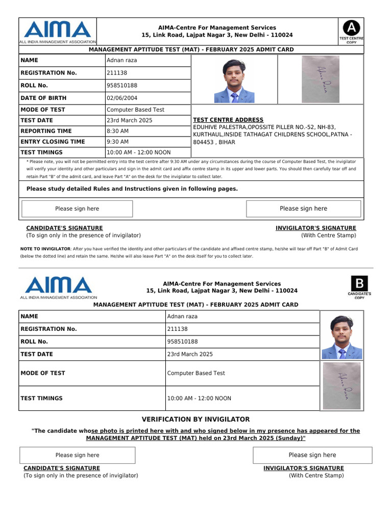 MAT February 2025 Admit Card Details | PDF | Identity Document