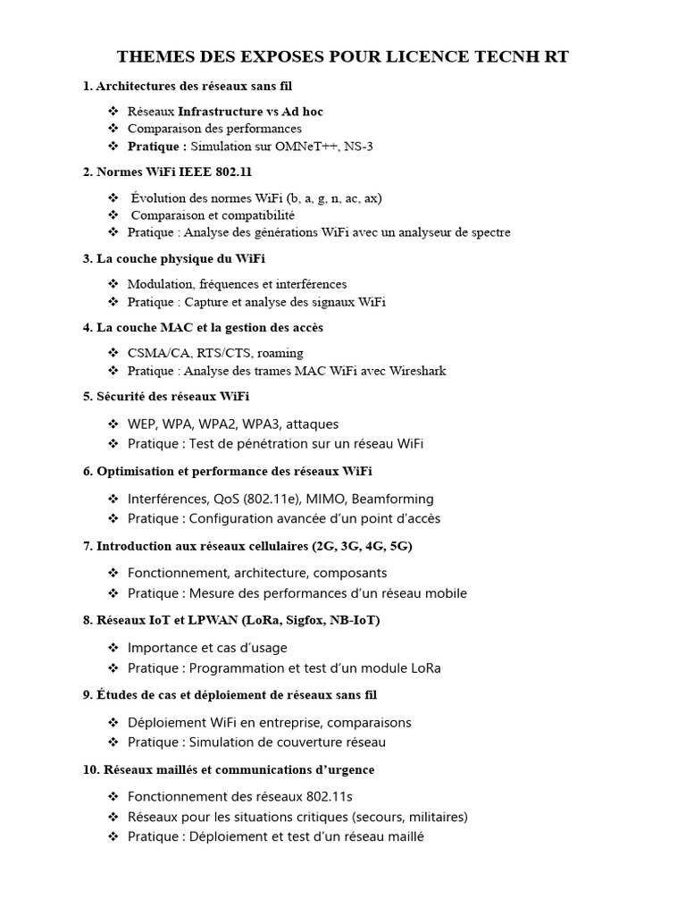 Thèmes Exposés Licence TECNH RT | PDF