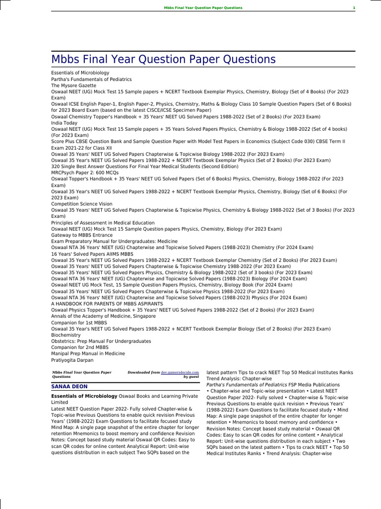 Final Year Mbbs Question Paper Guide Pdf