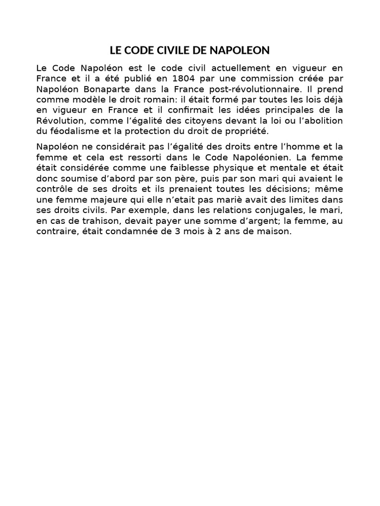 Code Civil de Napoléon et les Femmes | PDF
