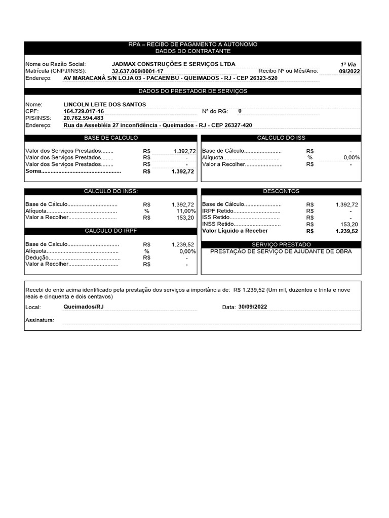 RPA: Recibo de Pagamento Autônomo 09/2022 | PDF | Política ...