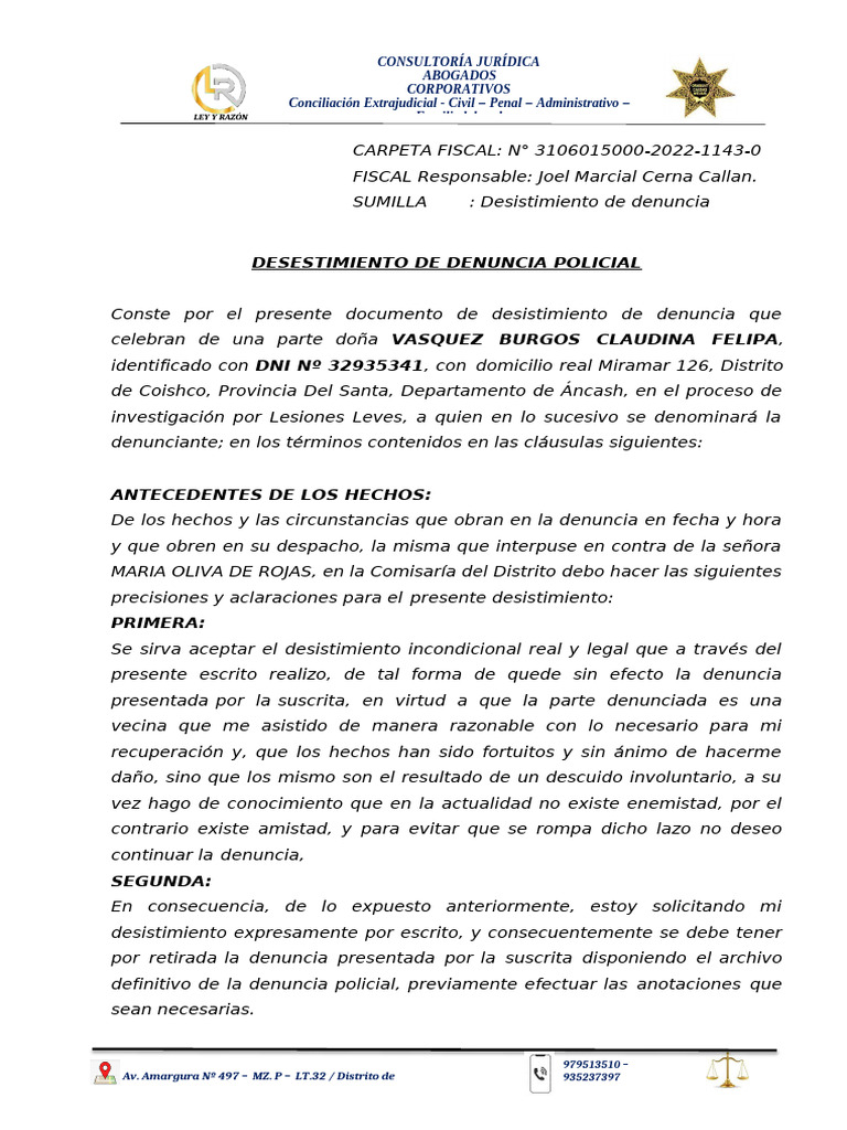 Modelo de Desistimiento de Denuncia | PDF | Justicia | Crimen y violencia