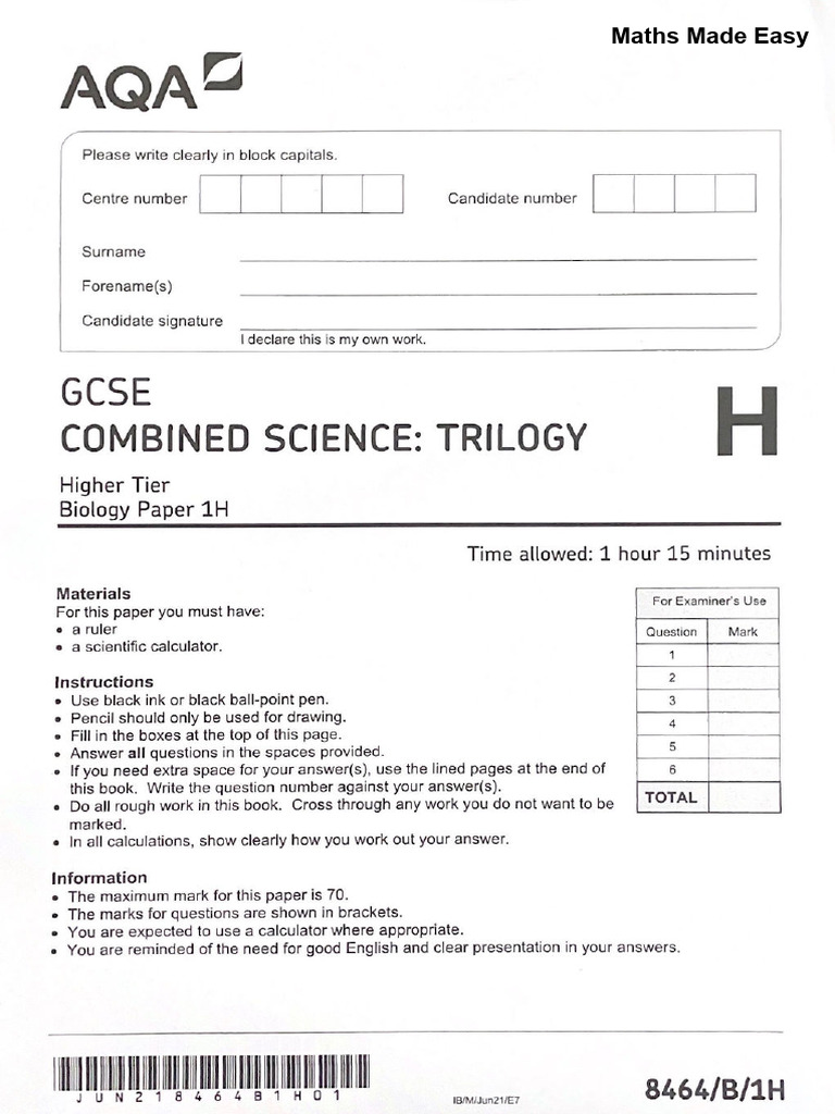AQA GCSE June 2021 Combined Science Higher Biology Paper 1 | PDF