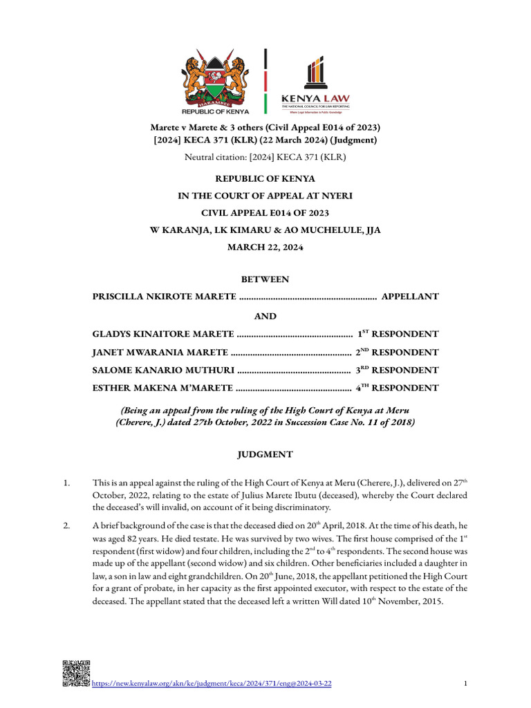 Marete v Marete: Will Validity Appeal | PDF | Will And Testament ...