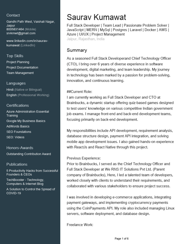 Full Stack Developer & CTO Profile | PDF | Web Development | World Wide Web