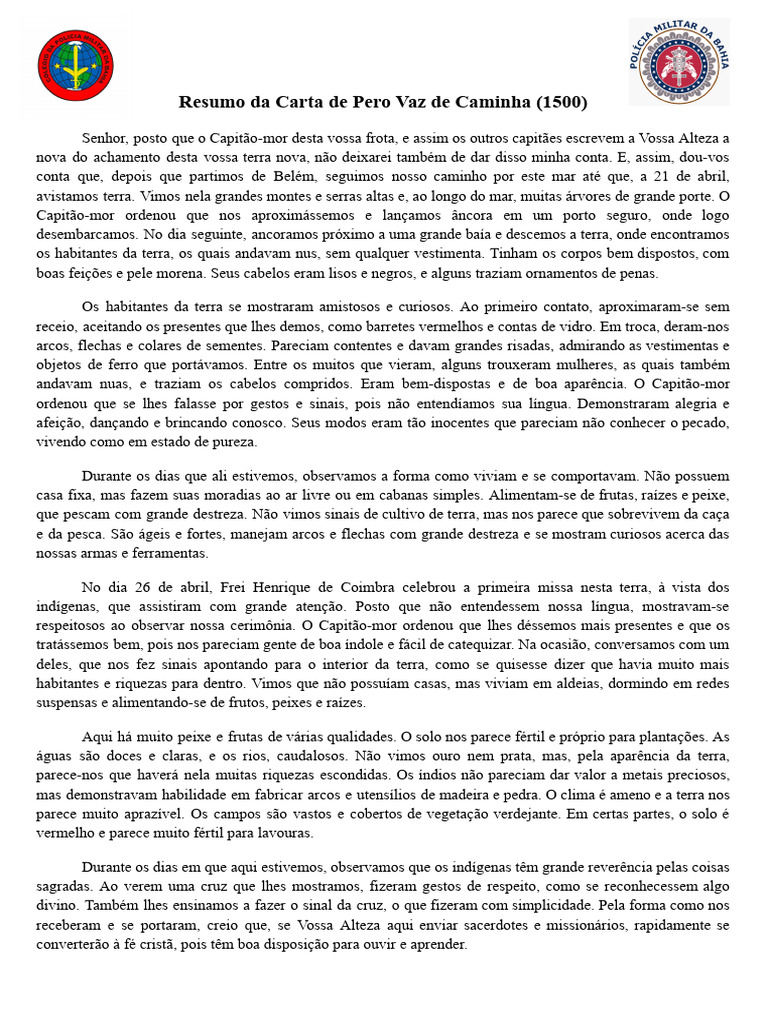 Resumo da Carta de Pero Vaz de Caminha | PDF | Terra | Peixes