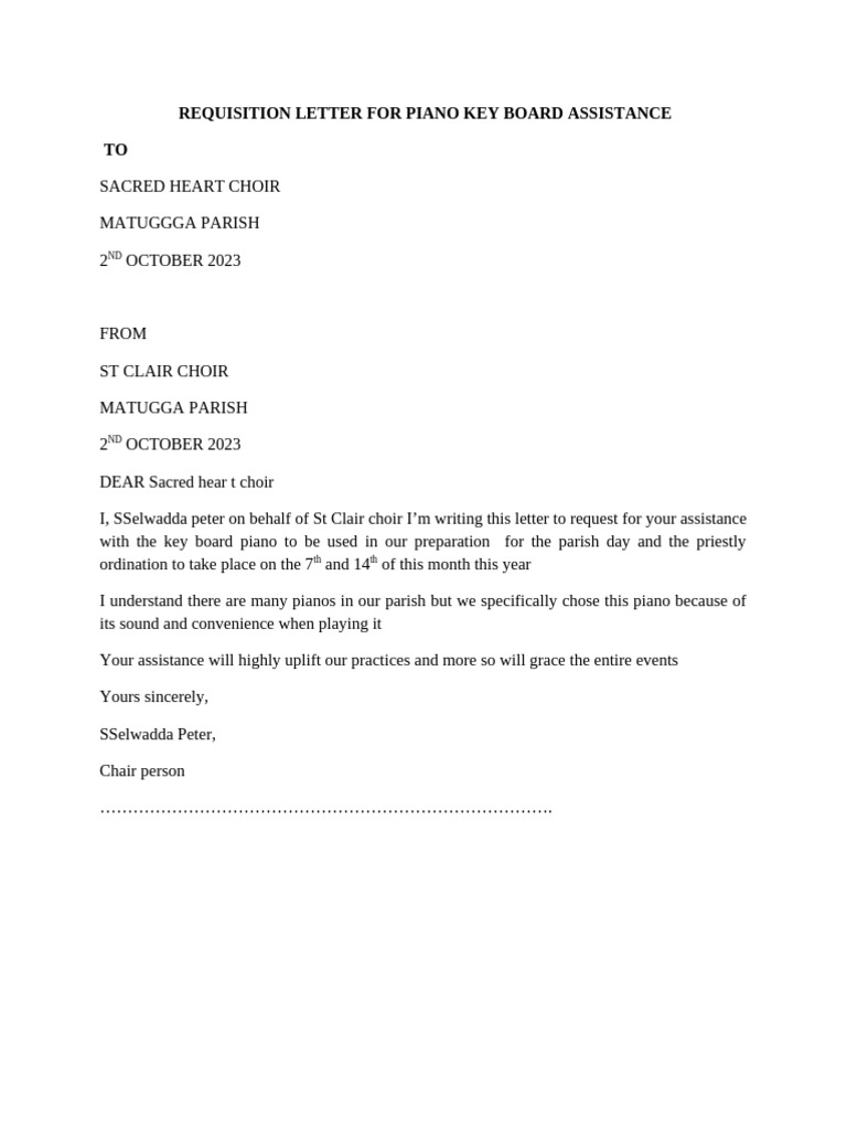 Requisition Letter For Piano Key Board Assistance | PDF