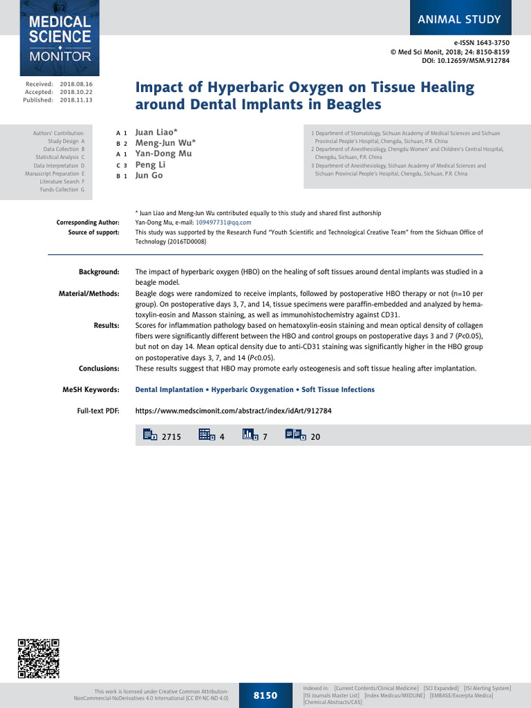 Hyperbaric Oxygen and Dental Implants | PDF | Health Care | Health Sciences