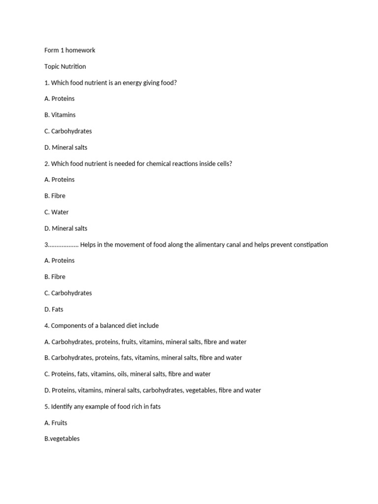 Form 1 Homework Nutrition Pdf
