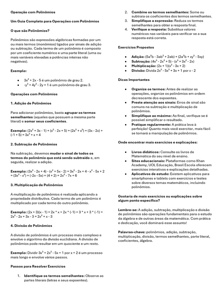 Operações com Polinômios: Guia Completo | PDF | Matemática | Álgebra ...