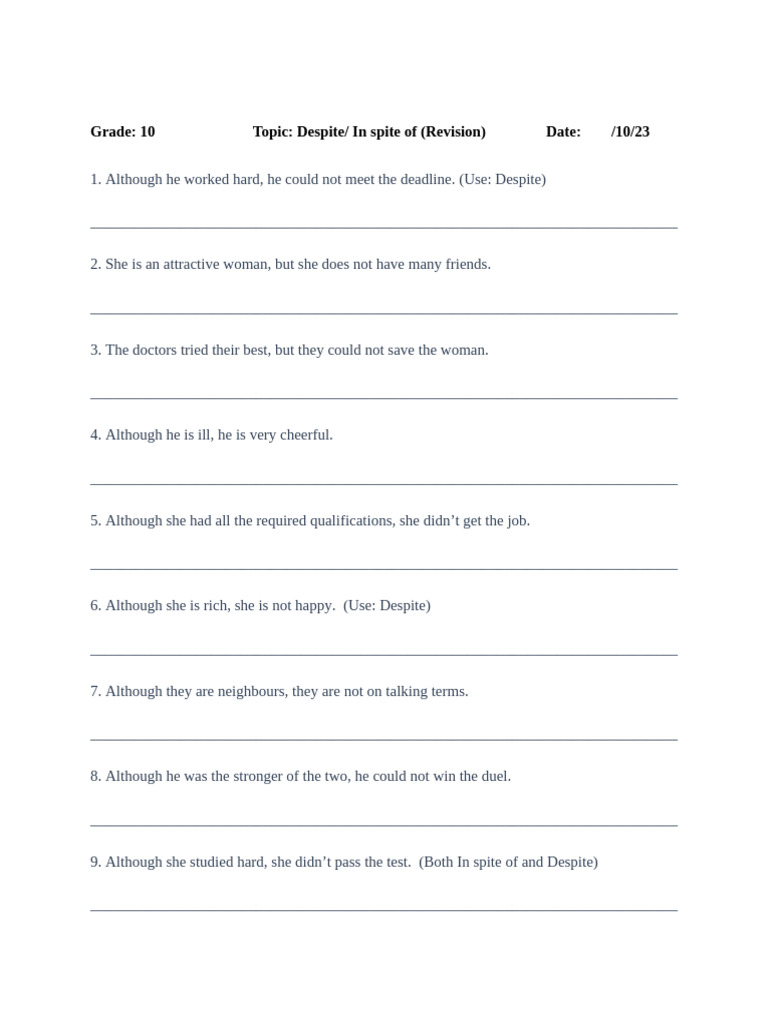 Despite/In Spite Of Usage Revision | PDF