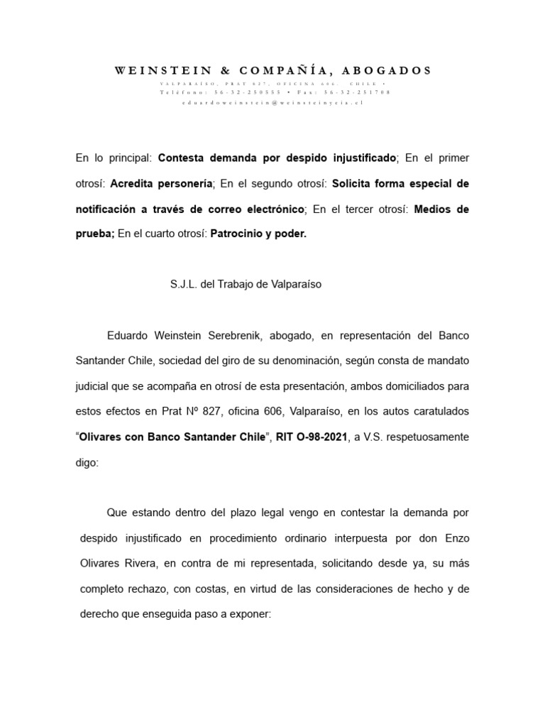 Contesta Demanda Laboral Enzo Olivares | PDF | Bancos | Derecho laboral