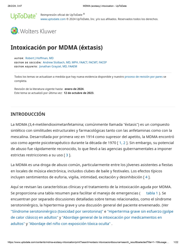 MDMA (Ecstasy) Intoxication - UpToDate | PDF | Mdma | Serotonina