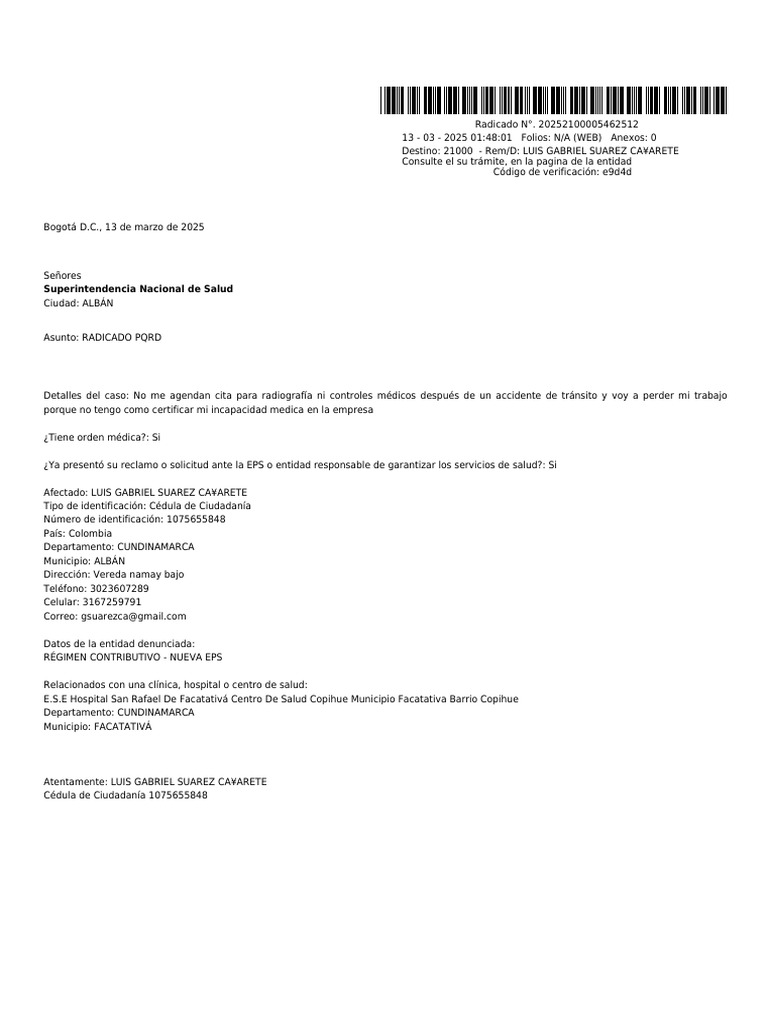 Queja por falta de atención médica en EPS | PDF