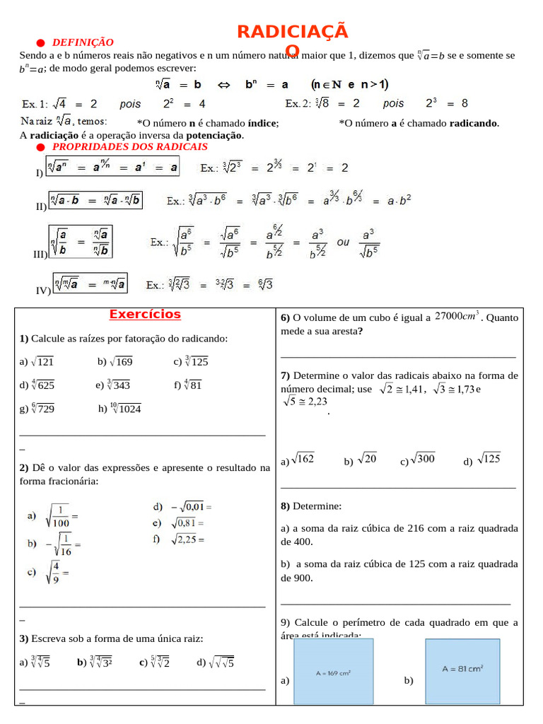 Exercícios de Radiciação 9º Ano | PDF | Raiz quadrada | Números