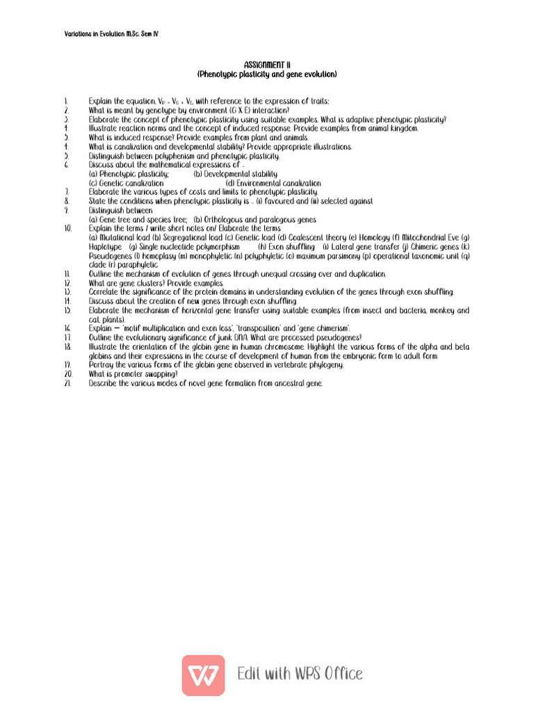 Assignment Ii 4TH Sem 2024 | PDF | Gene | Evolution