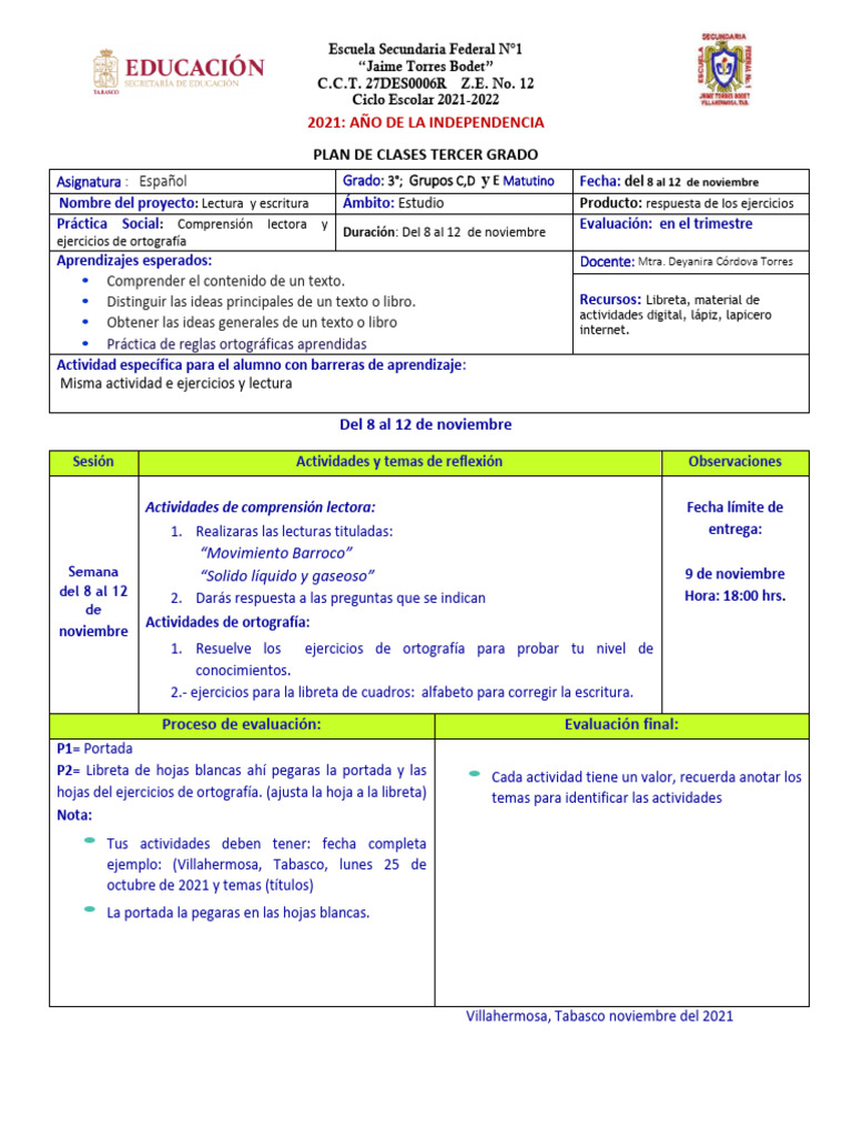 Plan de Clases Español 3° Grado | PDF | Comprensión lectora | Aprendizaje